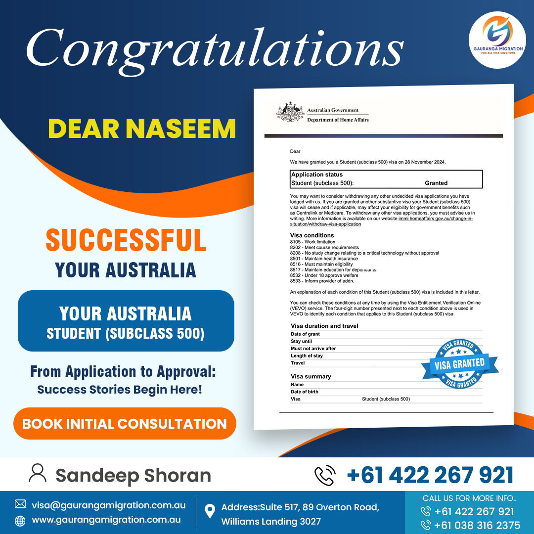 GaurangaMi27109's tweet image. 🎉 Congratulations, Dear Naseem!

#studentvisa #subclass500 #visaapproved #gaurangamigration #australiavisa #visasuccess #studyinaustralia #futureinaustralia #migrationexperts #visaassistance