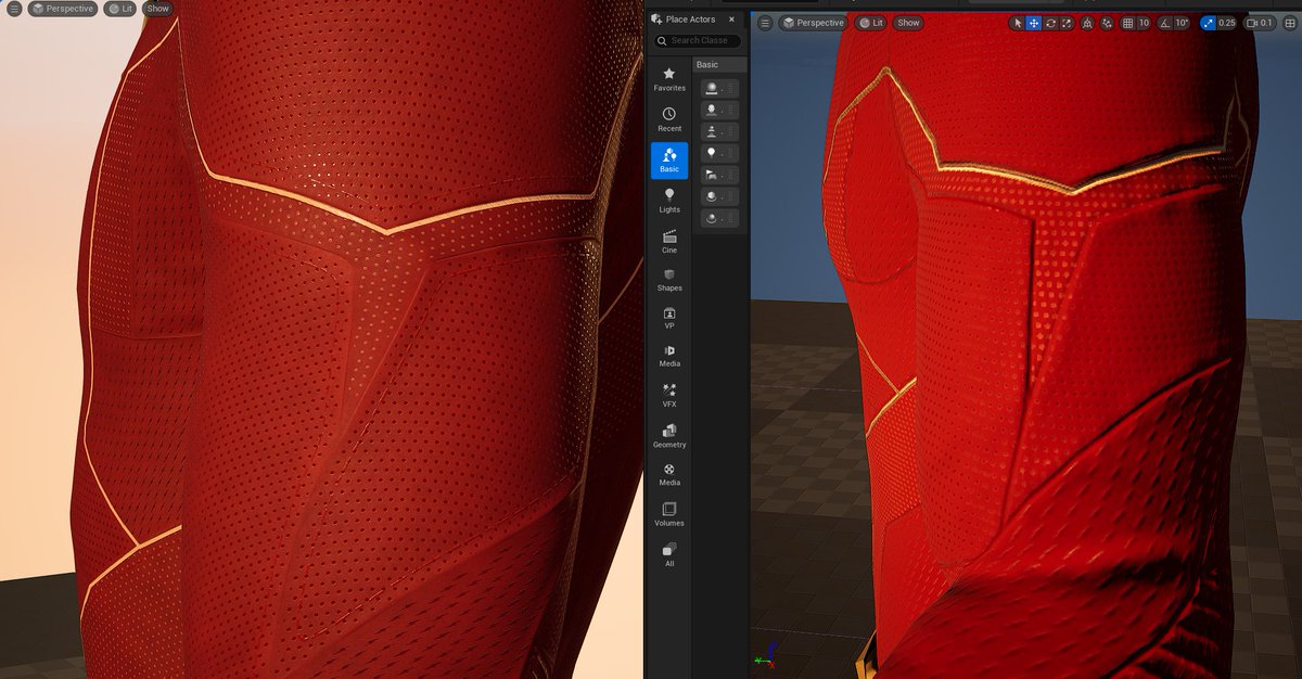 RealisticRenz's tweet photo. Comparison photos of my revamped CW Flash model.

Running in real-time using Unreal Engine 5.

The fidelity in texture resolution is high.

(The only reason why I used the crotch as a comparison angle for the third photo is because I added a zipper texture around the seam line) https://t.co/f4DjSVStJo