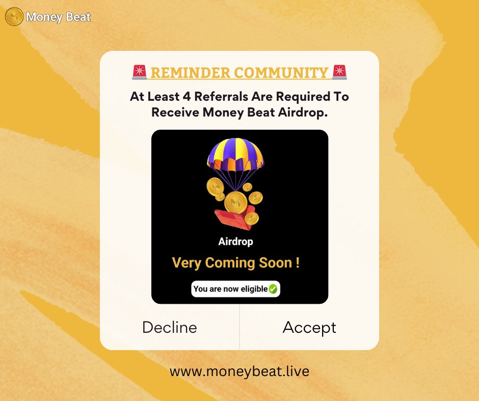official_mbeat's tweet photo. 🚨 Reminder community 🚨
👉 At least 4 referrals are required to receive money beat airdrop.
✅ Send Your Refferal Link To Your Friends
✅ More Friends More Networth
✅ More Networth More Success
✅ More Success More Happiness
Mini Game :- https://t.co/ekLd28bwRI
#mbeat https://t.co/OFUbZxgshC