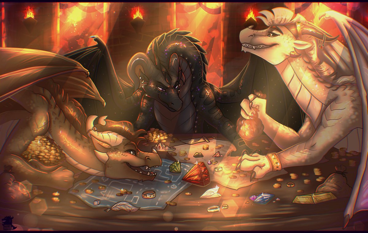 AFrostedMonster's tweet photo. [com/#wof We aren't done for the year just yet, here's a huge artwork I made for @/sodoke featuring 3 very suspicious WoF dragons gloating and scheming over stolen treasures. https://t.co/PxgrsiLDsO