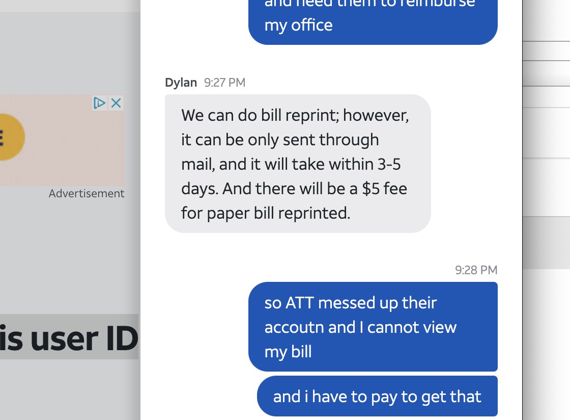 arkaprava08's tweet photo. @ATTHelp And this is what their customer service says... I have to pay to get my bill given their account is messed up. https://t.co/LXb20K00xb