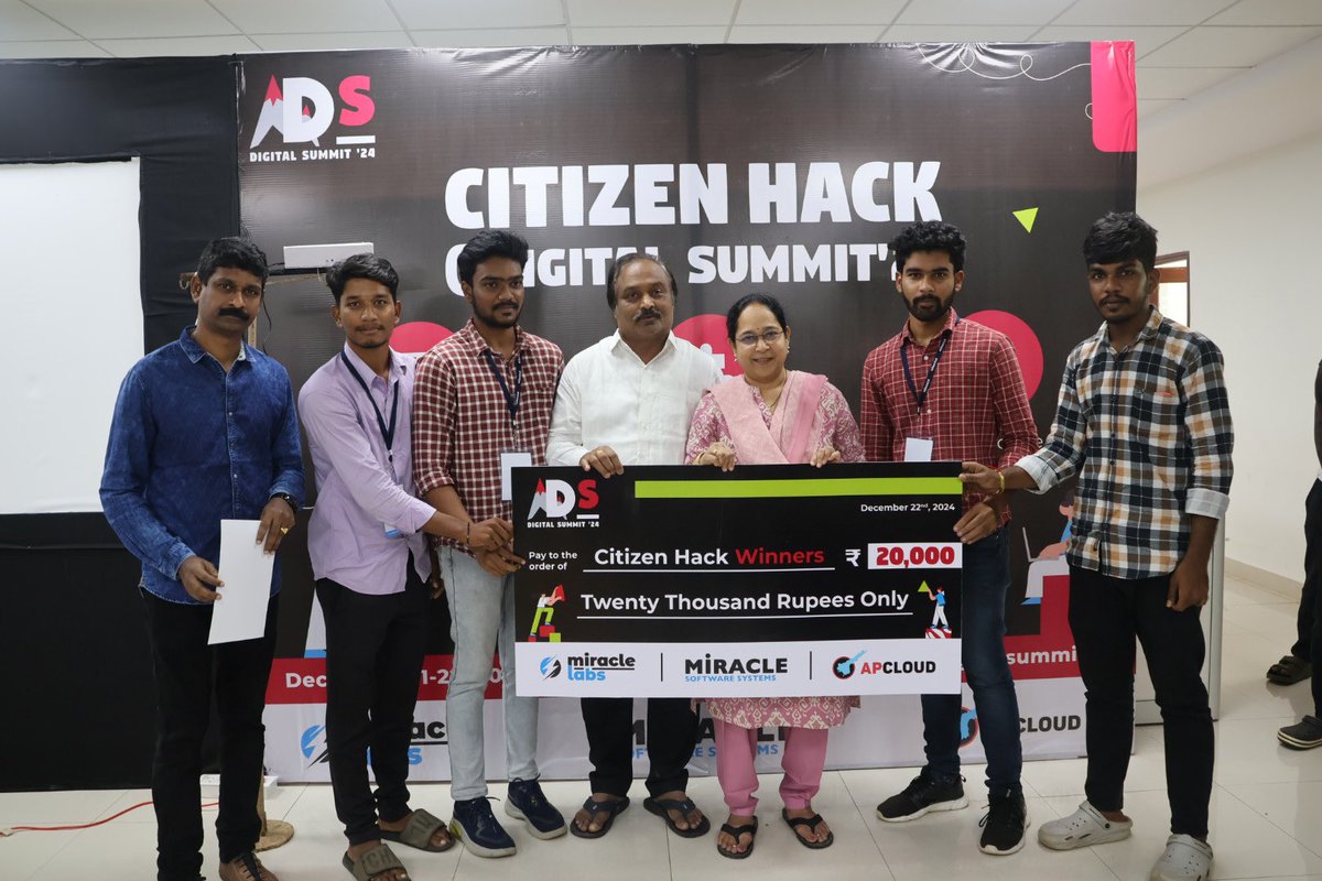 dsvizag's tweet photo. That’s fantastic! Congratulations to all the winners of the 2024 Citizen Hack at the Digital Summit 2024! 🏆 Your hard work, innovation, and dedication truly make you champions. Here’s to your continued success and inspiration!

#DS24 #Champions #Innovation https://t.co/mOq4iDe9zm
