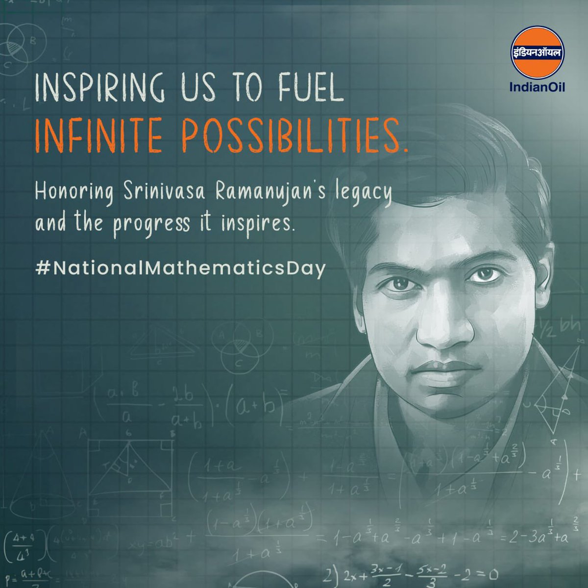 DirMktg_iocl's tweet photo. My heartfelt tribute to the #GOAT #SrinivasaRamanujan whose work revolutionized mathematics. Let his legacy continue to inspire the world. #NationalMathematicsDay #RamanujanLegacy #FuelingChange https://t.co/Zs7yELiTZ3