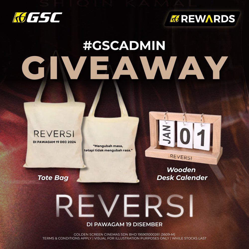 GSCinemas's tweet photo. #GSCAdmin ada hadiah eksklusif untuk giveaway 🎉

Nak menang Wooden Desk Calendar atau Tote Bag ini? Ikuti langkah mudah berikut:

Langkah 1: Love post ini! ❤️
Langkah 2: Tinggalkan komen di bawah! 💬
Langkah 3: Repost post ini! 📲

Mudah sahaja, kan? Peraduan tamat pada 31 Disember! Jom sertai sekarang! ✊

Jangan lupa saksikan #Reversi di pawagam GSC sekarang!

#FilemReversi #BerdamaiDenganTakdir