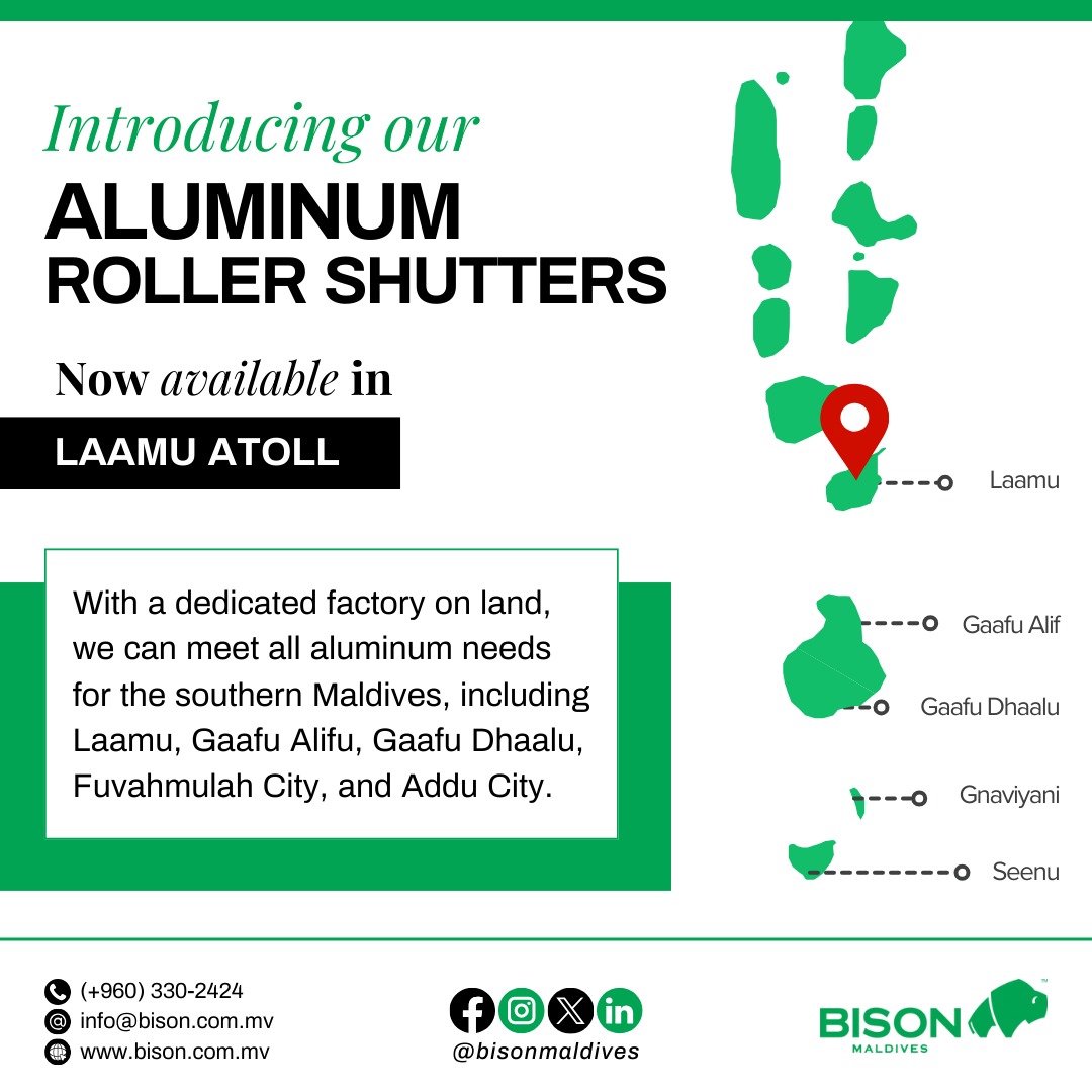 Introducing our high-quality aluminum shutters in Laamu Atoll and nearby regions. Our factory caters to all residential and commercial aluminum needs in southern Maldives, including Laamu, Gaafu Alifu, Gaafu Dhaalu, Fuvahmulah City, and Addu City.

bison.com.mv