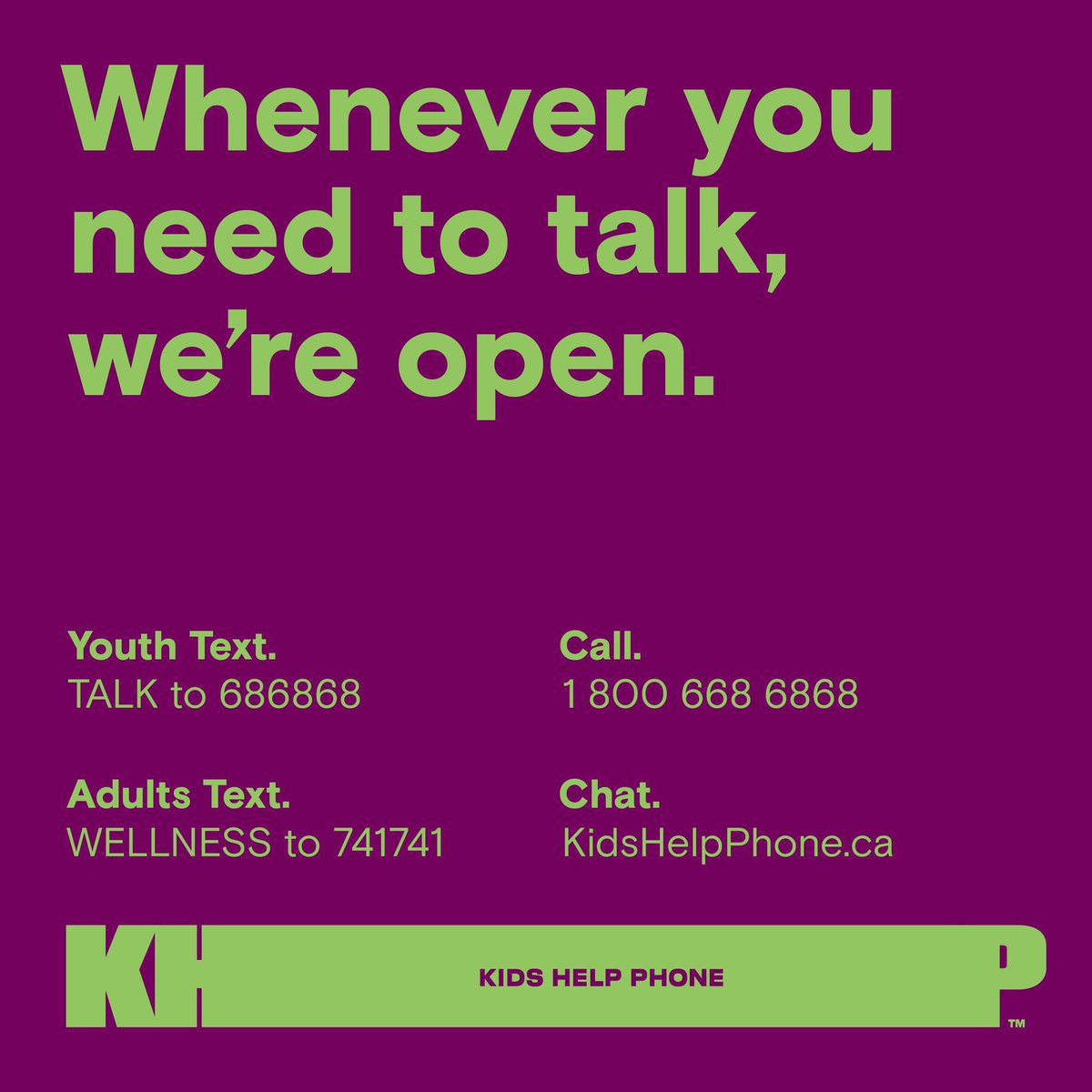 Rebecca Bollwitt (@miss604) on Twitter photo If you need to talk to someone you can text or call to connect with the <a href="/KidsHelpPhone/">Kids Help Phone</a> team of crisis responders 24/7 anytime
📞 Call 1-800-668-6868
📱 Youth can text 686868
📱 Adults can text 741741 If you need to talk to someone you can text or call to connect with the <a href="/KidsHelpPhone/">Kids Help Phone</a> team of crisis responders 24/7 anytime
📞 Call 1-800-668-6868
📱 Youth can text 686868
📱 Adults can text 741741