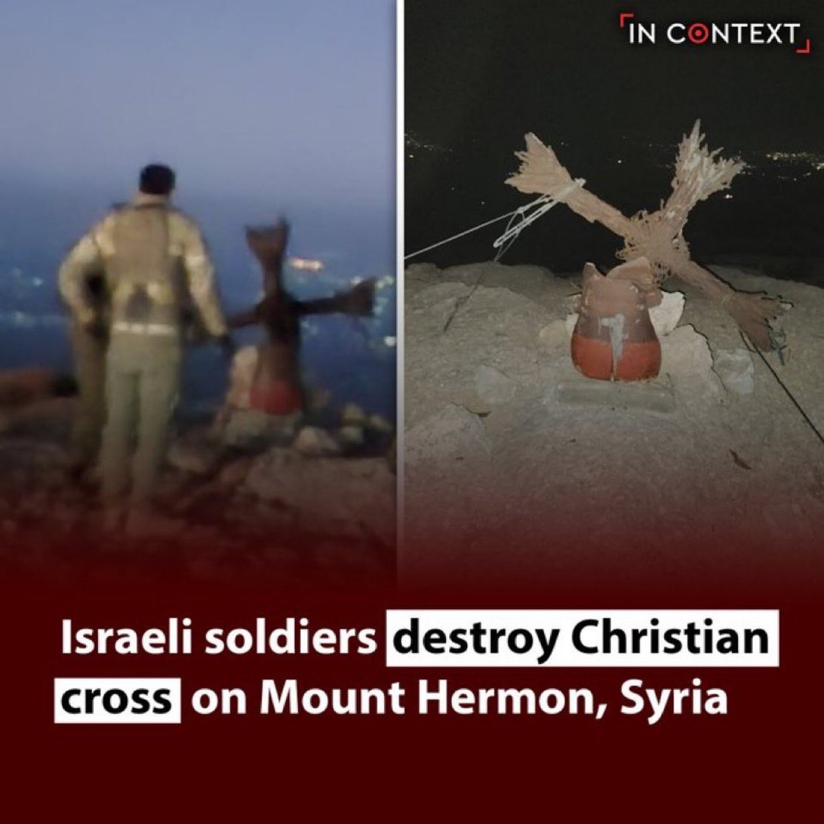 DrLoupis's tweet image. Jewish terrorists destroy Christian cross on top of mount Hermon, occupied Syria.

This is what the war really is about.