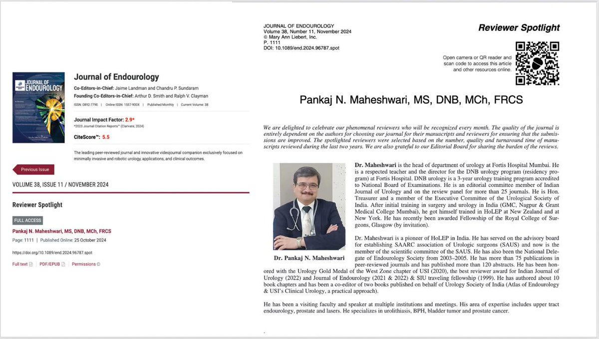 Happy to share recognition as a 'Top reviewer' by Journal of Endourology and honoured to be covered in their 'Reviewer Spotlight' for the November issue.
Sincere thanks to the Editors for this opportunity to review for J Endourol.
Enjoyable great learning experience!!