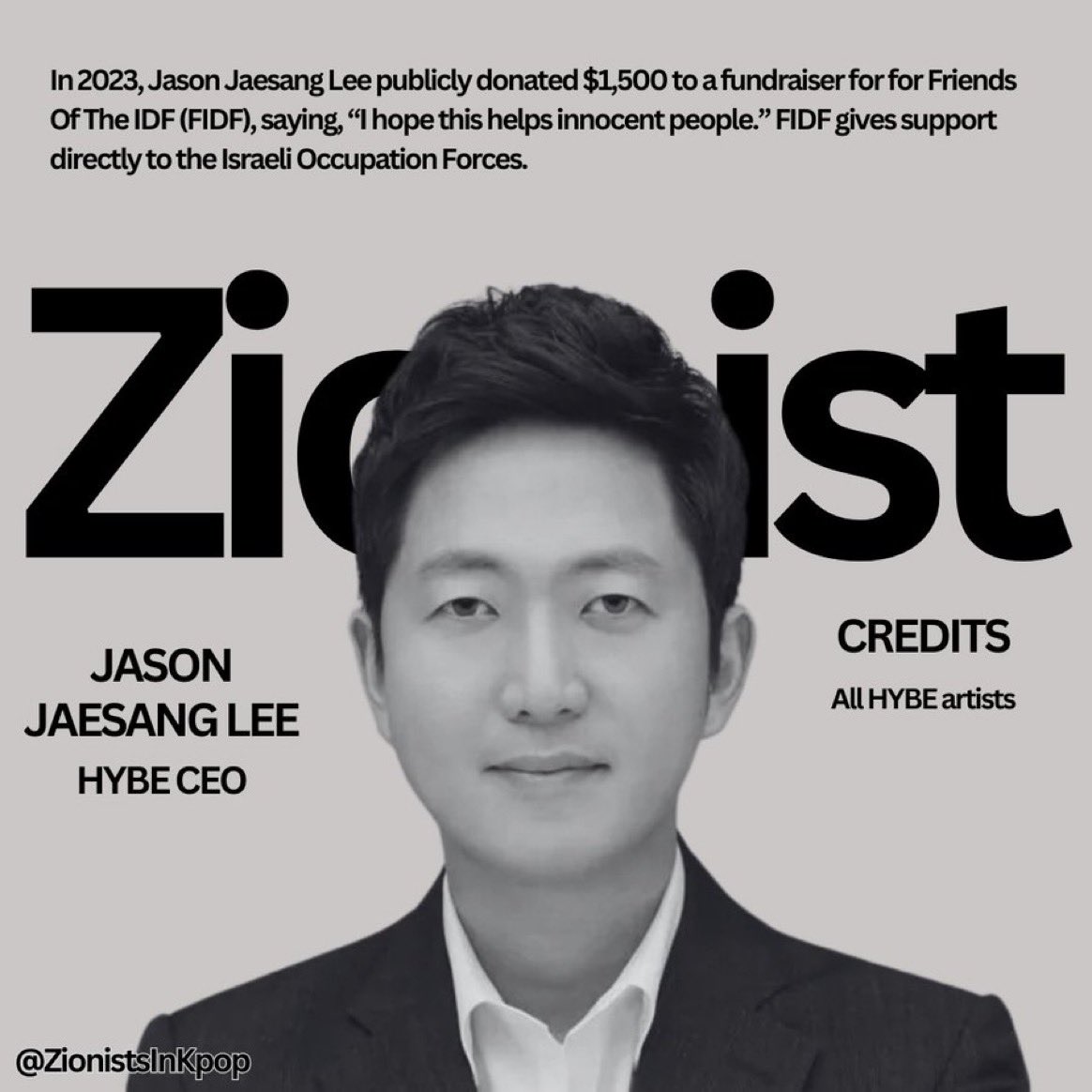hobiriam's tweet photo. UPDATE: now its been revealed that ALLEGEDLY Jason Jaesang Lee, MAIN HYBE CEO, has donated $$$ to the iof @pps_kr pls tweet about this!!  #HYBEDivestFromZionism  #하이브는시오니스트를퇴출하라 https://t.co/6DEOsAZnJu