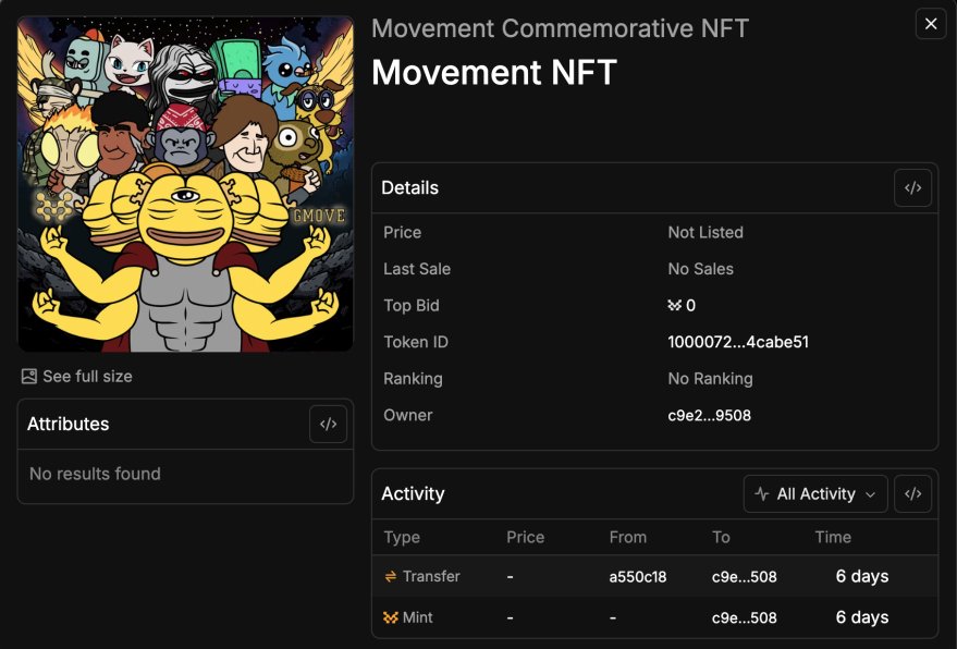 MichelMaria671's tweet photo. Just received my Movement Mainnet Beta Commemorative NFT! 🥳It's amazing I received mainnet movement NFT $MOVE to Mainnet! #MoveToMainnet #NFT
If you claimed your MoveDrop to Ethereum or Move Mainnet, check your NFT here📷 https://t.co/K3QhAXr5jB