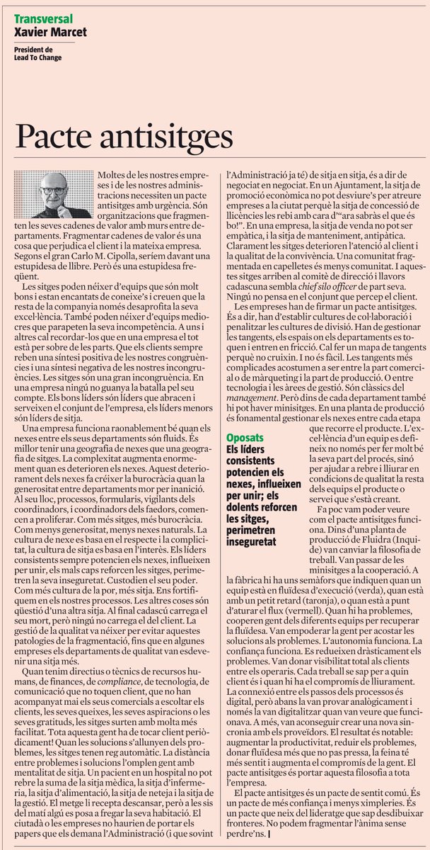 Xavier Marcet (@xaviermarcet) on Twitter photo PACTE ANTI “SILOS”
Les sitges fragmenten la cadena de valor i fins i tot l’ànima de les empreses. Necessitem amb urgència un pacte antisitges. Avui a <a href="/LaVanguardia/">La Vanguardia</a> PACTE ANTI “SILOS”
Les sitges fragmenten la cadena de valor i fins i tot l’ànima de les empreses. Necessitem amb urgència un pacte antisitges. Avui a <a href="/LaVanguardia/">La Vanguardia</a>