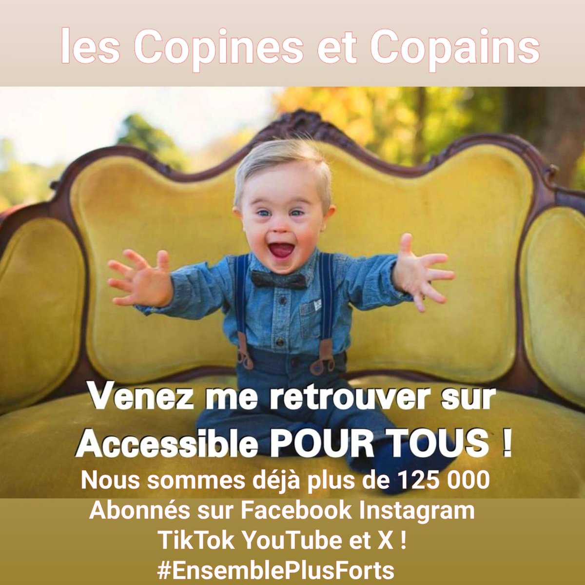AccessibleTOUS's tweet photo. Venez me retrouver sur le réseau Accessible POUR TOUS @AccessibleTOUS les Copines et Copains !
Nous sommes déjà plus de 125 000 Abonnés sur Facebook Instagram TikTok YouTube et Twitter X !
#EnsemblePlusForts #Accessibilité #Handicapé #PMR #PartoutEnFrance #CestLaBase https://t.co/i1k5pim9RE