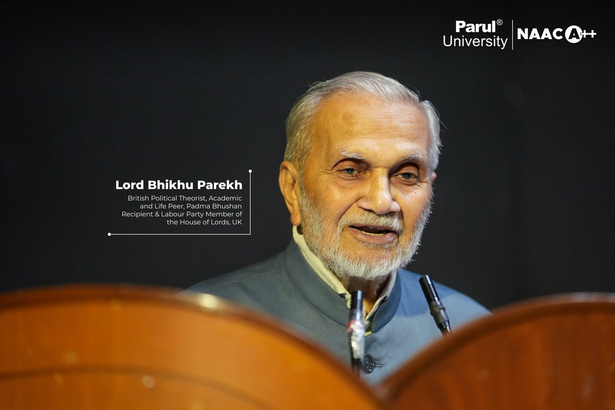 ParulUniversity's tweet photo. “Human beings are both similar and different. We are similar in a way that makes us different. We are different in a way that recognises our similarities,” were the wise words Lord Bhikhu Parekh shared during his insightful visit to the campus. ✨

Lord Bhikhu Parekh, who is a British Political Theorist and a member of the House of Lords in the UK, recently graced the campus for an exclusive talk session with the students and faculty. During his session, he delved into the power of knowledge, the essence of multiculturalism in education, and the importance of empathy in communication. His wise words, “Empathy is very vital. I am convinced that without empathy, we cannot communicate,” left everyone inspired and empowered. 💫

His words have ignited a deeper commitment to cultural understanding and empathetic communication, encouraging us to understand and celebrate our shared human journey. 🙌🏻

#british #political #padmabhushan #lordbhikhuparekh #paruluniversity