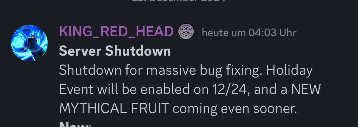 Blox_FruitsNews's tweet image. 🎄🎅🏻Christmas update confirmed🎄🎅🏻

The Chrismats event starts on the 24 December.If I understand that correctly we get a new mythical fruit before the event 
#Roblox #Bloxfruits