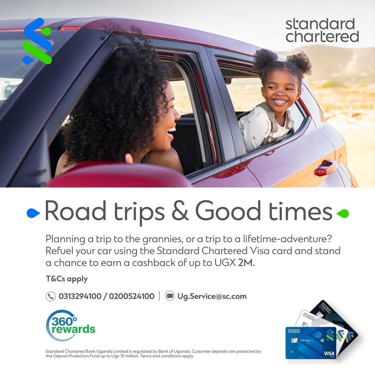 StanChartUGA's tweet photo. Fuel your road trip adventures with the Standard Chartered Visa card! Earn a cashback of up to Ugx 2M when you pay using your card. #ThinkCardNotCash #HereForGood https://t.co/s19ZeSGYFF