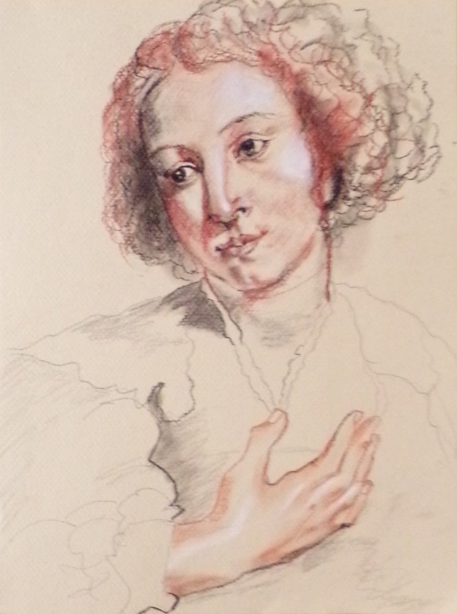Quick study of a Rubens drawing. By sketching it, I could make more sense of why Rubens may have directed the dark lines in the drawing. Also, the hand takes your eye straight up to the face. There is much wrong in my sketch but I learned so much from doing it. #sketchart #sketch