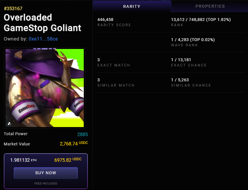 💥 How much can you sell the Overloaded GameStop Goliant  –  How rare is it?💥 

✅ Worth 2,768.74 USDC – Ready to sell NOW! 
✅ 1 in 13,181 chance to land this exact Illuvitar with an insane rarity score of 446,458 🤯 
✅ Ranked #13,612 out of 748,882 Illuvitars!    

How did I