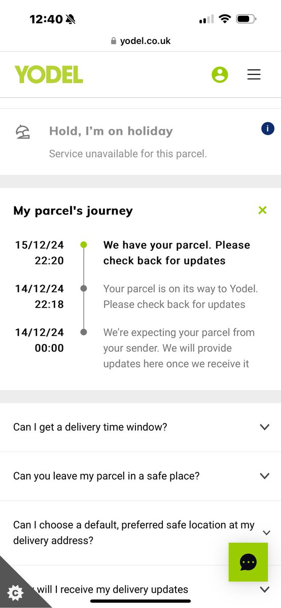 HighHopesLaura's tweet photo. @YodelOnline you’ve had my parcel for a week… no updates and no response, what on earth is going on?! https://t.co/vNwLeIuG2U