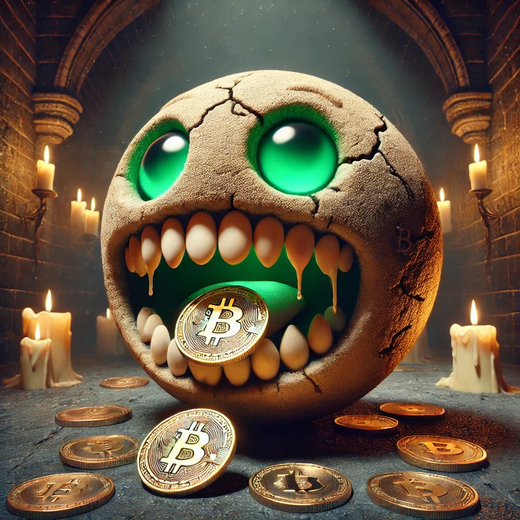 malik_tup's tweet photo. @saylor Legends say this undead orb was once a cursed relic, brought to life by ancient blockchain magic. Its cracked surface and sharp teeth hint at centuries spent in relentless pursuit of digital gold, glowing faintly under flickering candlelight. https://t.co/6lRWAAPazj