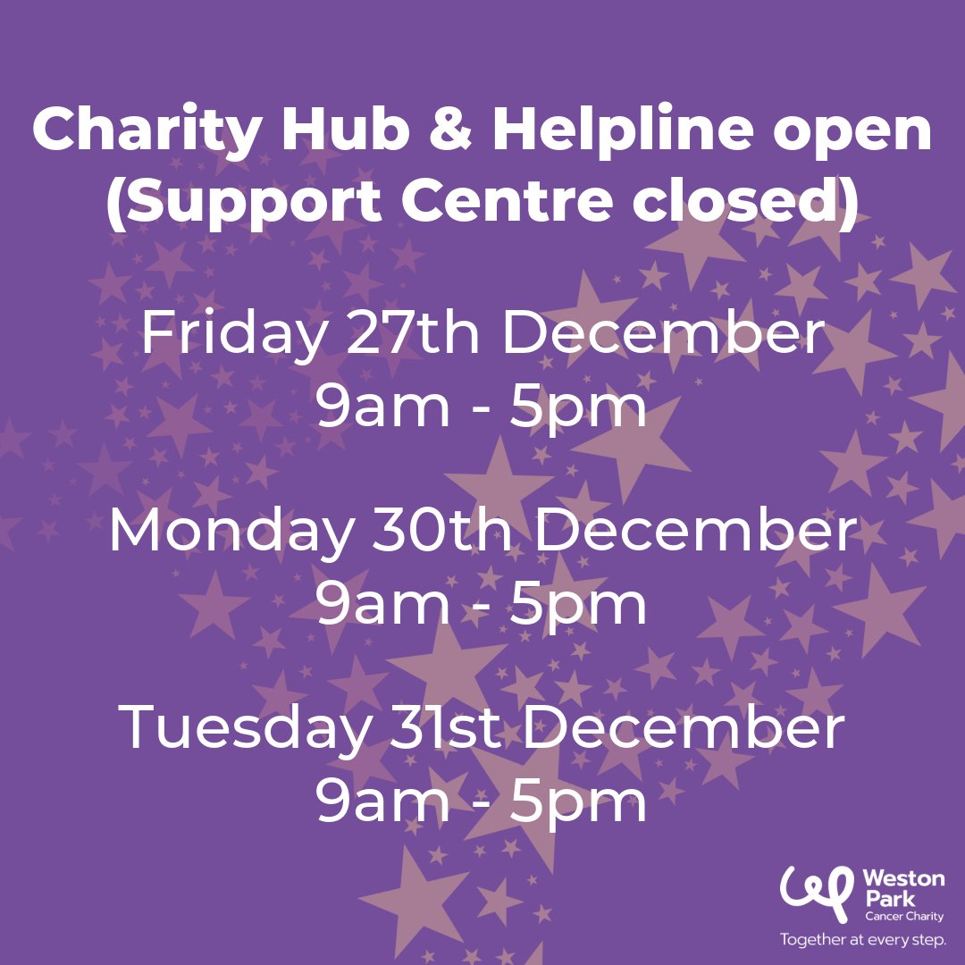 Weston Park Cancer Charity (@wpcancercharity) on Twitter photo Our opening times will be slightly different over the festive period π
Please take a look at the updated opening hours and plan accordingly if you are wanting to access any of our services during this time π
                         
#TogetherAtEveryStep Our opening times will be slightly different over the festive period π
Please take a look at the updated opening hours and plan accordingly if you are wanting to access any of our services during this time π
                         
#TogetherAtEveryStep