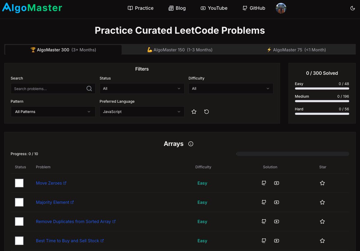 ashishps_1's tweet image. I solved 1583 LeetCode problems so you don't have to.
I’m excited to announce something I’ve been working on for the past 5 months!
algomaster.io is now live – a FREE platform to help you practice a curated list of LeetCode problems organized by patterns.
Having…