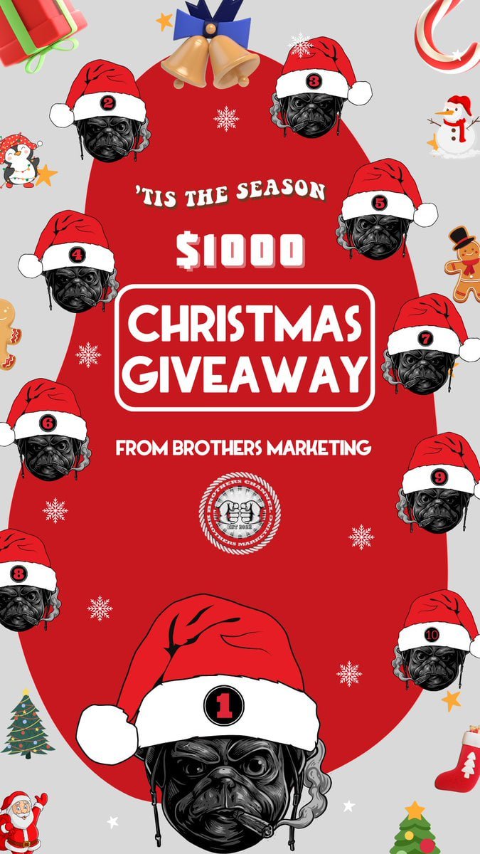 BrotherMKT's tweet photo. $1000 Christmas Giveaway!!!! 

$1000 Christmas giveaway 2024! 

Rules to enter: 

🎄Join brother main channel - https://t.co/hh7cOQWNqw

🎄Join brother exhibit channel - https://t.co/CByDBot9vP

🎄Join brother service channel - https://t.co/4xulWtsihR

🎄 Join brother twitter - https://t.co/6Fkihz4ALX

🎄 Join brother Tik tok - https://t.co/oJPVyAF207

End date: 25th December 2024

Prizes 20 x $50!!!!! $1000 total! 

20 winners of $50 will be selected to win! 

Good luck! And enjoy this holiday season 🎅🎁🎄❤️

#christmas #crypto #giveaway #brothermkt #bullrun #number1