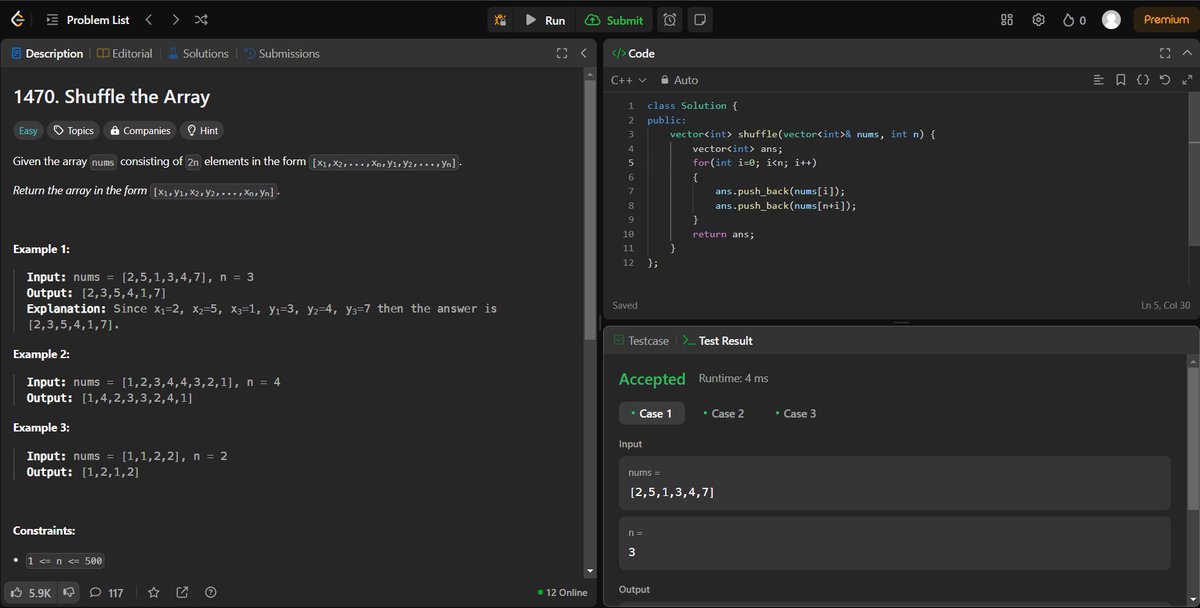 arav_mahind's tweet image. #Day11 of #30daysProductivityChallenge   

-- 📍 Solved array related question  
-- 💻 Leetcode 
    - 1470. Shuffle the Array  

#100DaysOfCode #buildinpublic #dsa #LeetCode