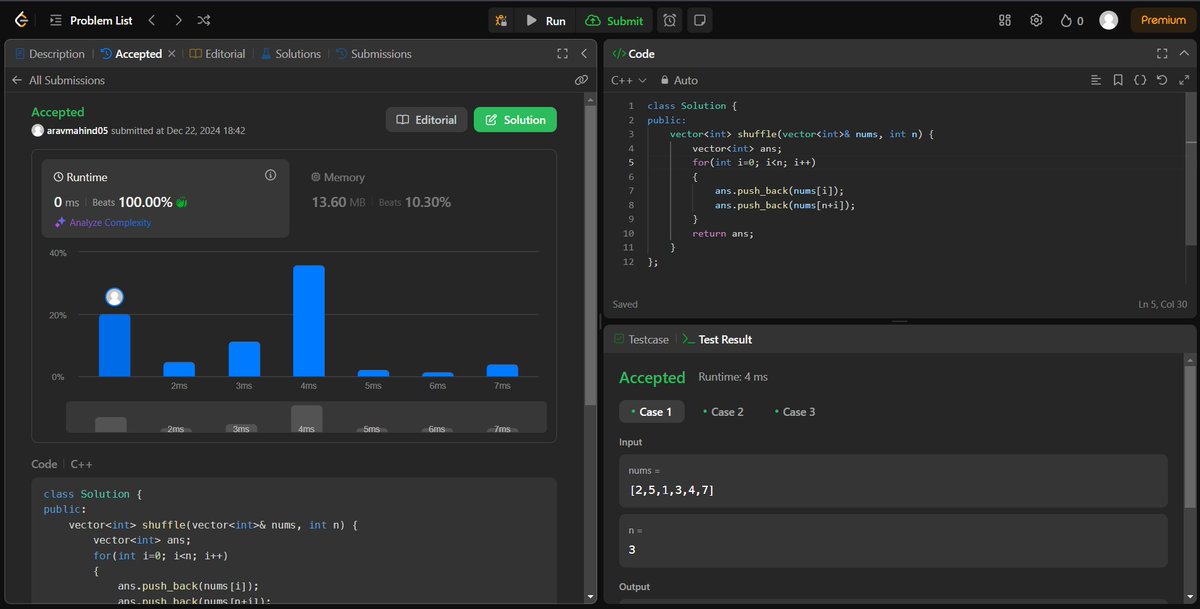 arav_mahind's tweet image. #Day11 of #30daysProductivityChallenge   

-- 📍 Solved array related question  
-- 💻 Leetcode 
    - 1470. Shuffle the Array  

#100DaysOfCode #buildinpublic #dsa #LeetCode
