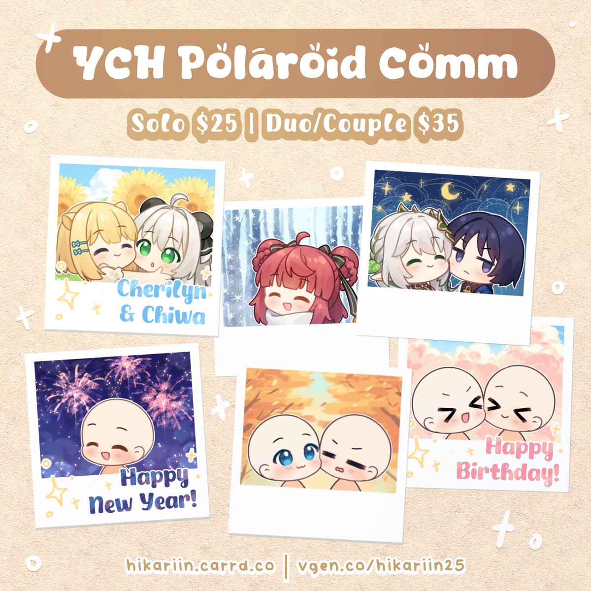 (💕🔃 appreciated!)    
new YCH polaroid open ✨

share your happiness with love ones with this polaroid and also as event cards!

#YCHCommission #VGenOpen #VGenComm