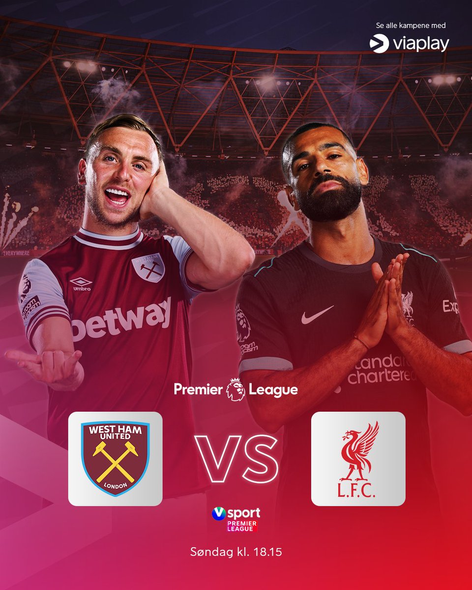 Viaplay Fotball (@viaplayfotball) on Twitter photo 🏆: Premier League
🆚: West Ham–Liverpool
🗣️: <a href="/ToldnesG/">Gunnhild Toldnes</a>, <a href="/PetterVeland/">Petter Veland</a> & Sigrid Heien Hansen
🎙️: <a href="/AndreasToft/">Andreas Toft</a> og Nils Johan Semb
🕕: Avspark kl. 18.15
📺: Viaplay & V sport PL 🏆: Premier League
🆚: West Ham–Liverpool
🗣️: <a href="/ToldnesG/">Gunnhild Toldnes</a>, <a href="/PetterVeland/">Petter Veland</a> & Sigrid Heien Hansen
🎙️: <a href="/AndreasToft/">Andreas Toft</a> og Nils Johan Semb
🕕: Avspark kl. 18.15
📺: Viaplay & V sport PL