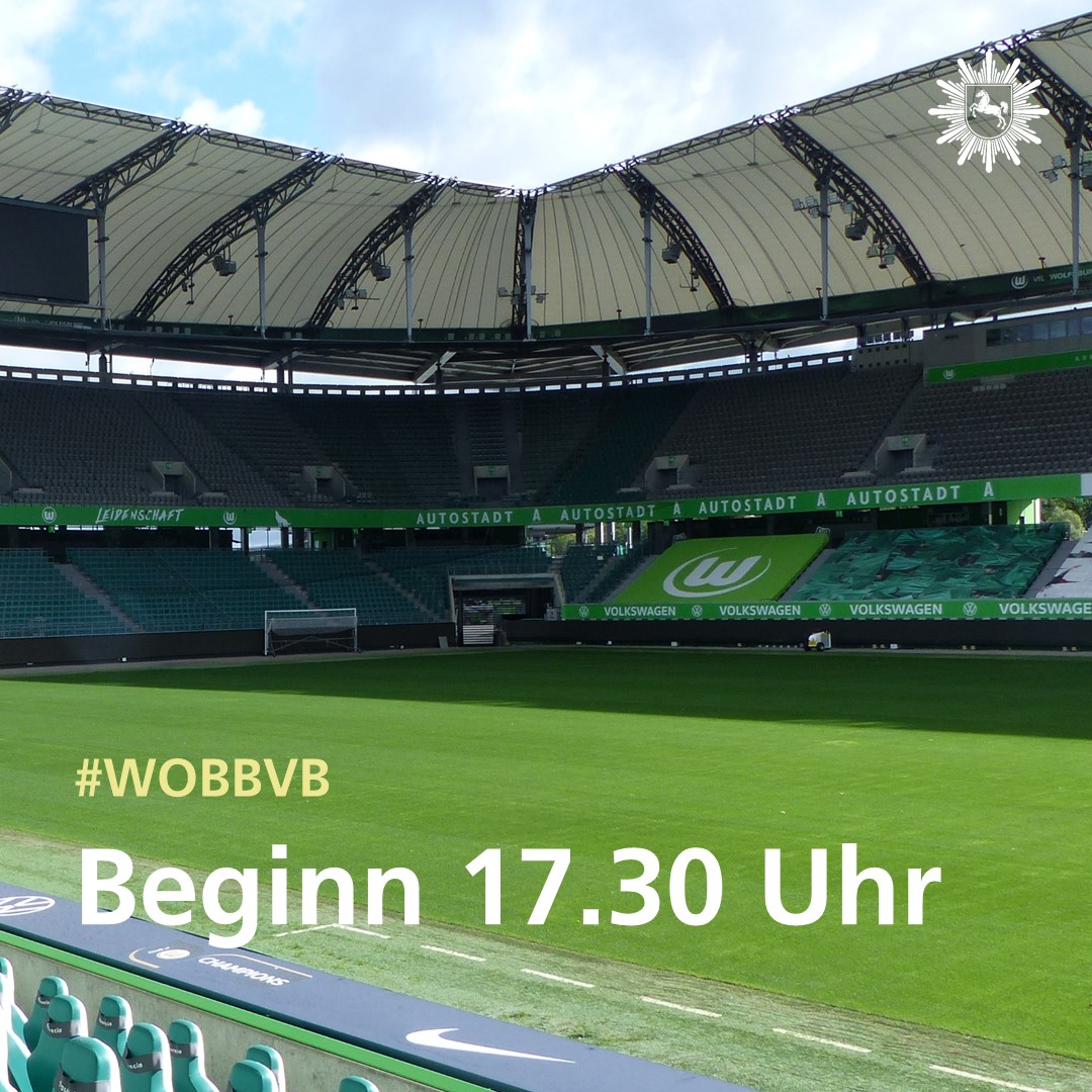 #WOBBVB | Spielbeginn 

Hallo liebe Fußballfans! ⚽️

Heute berichten wir hier wieder über polizeilich relevante Ereignisse beim Bundesligaspiel des <a href="/VfL_Wolfsburg/">VfL Wolfsburg</a> gegen <a href="/BVB/">Borussia Dortmund</a> Dortmund.
Das Stadion wird um 15.30 Uhr geöffnet. 

#Bundesliga