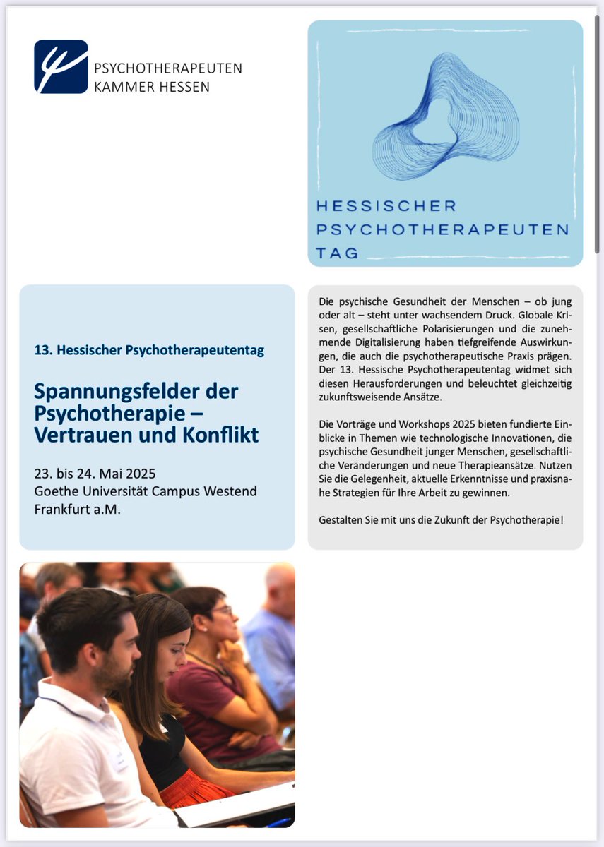 GrandeBettina's tweet photo. Im Rahmen des
13. Hessischen Psychotherapeutentages @PTK_Hessen
am 23. & 24.05.25,
Motto ,,Spannungsfelder der Psychotherapie-
Vertrauen & Konflikt”,
werde ich einen Workshop zu Psychotherapie und
#MCFS #PEM geben-
ich freue mich darauf!
#HPT13
https://t.co/eP1ZW7GGtr https://t.co/ImwxaFJdAS