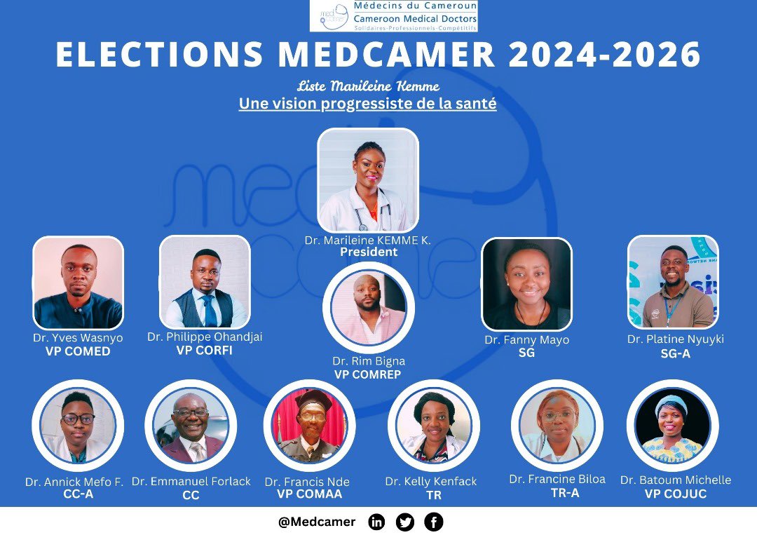 🌟 Élections Medcamer 2024-2026 🌟

Découvrez notre équipe engagée pour une vision progressiste de la santé ! 🩺

📅 Élections le 27 décembre 2024

🗣️ Unissons-nous pour un avenir sanitaire meilleur !

#ÉlectionsMedcamer #SantéCameroun #VoteMedcamer