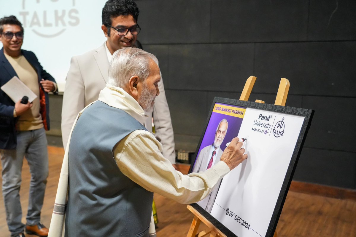 drdevanshupatel's tweet photo. An insightful *PU Talks* session with Lord Bhikhu Parekh at @ParulUniversity ! 🌍✨ He engaged 500+ students on life, culture, & global issues, sharing thought-provoking views on multiculturalism & democracy. Thanks to Dr. Jayshree Mehta for joining us! #PUtalks #BhikhuParekh https://t.co/k8ljhIlYuZ