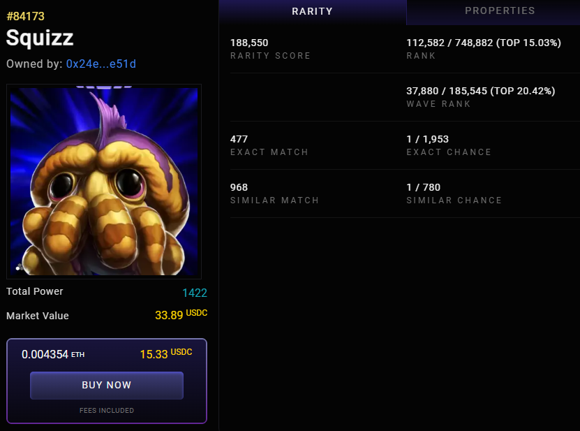 💥 How much can you sell the Squizz  –  How rare is it?
 
✅ Worth 33.89 USDC – Ready to sell NOW! 
✅ 1 in 1,953 chance to land this exact Illuvitar with rarity score of 188,550 🤯 
✅ Ranked #112,582 out of 748,882 Illuvitars!    

How did I know this? 
I used Illuvidata