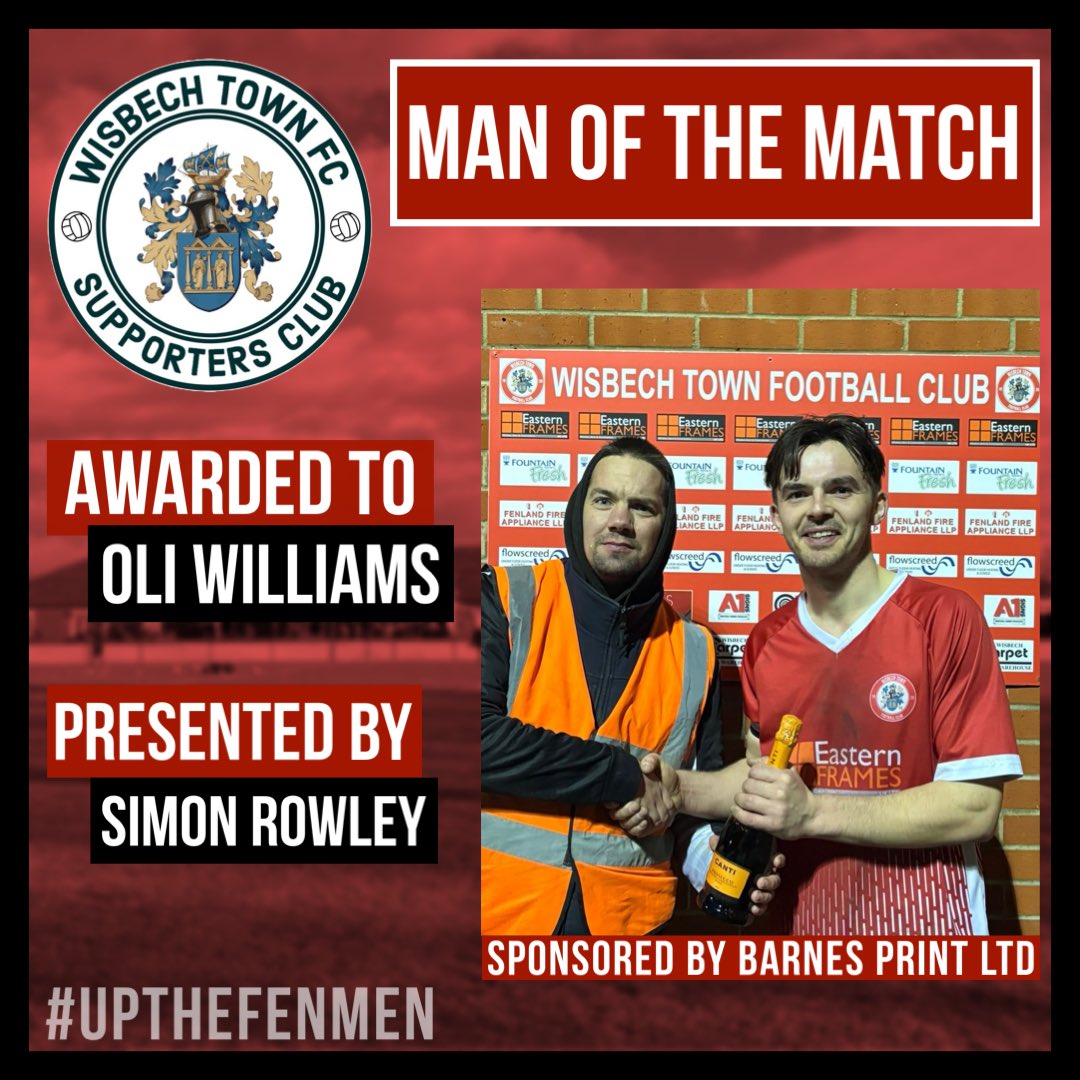wisbechtownfc's tweet photo. #MOTM: Yesterday’s Supporters’ Club Man of the Match was awarded to Oli Williams! Presenting the award is Supporters’ Club Member Simon Rowley.  Well done, Oli 👏🏻

Oli is kindly sponsored by Barnes Print Ltd ❤️ 

#UpTheFenmen https://t.co/4VqMYaPJo1