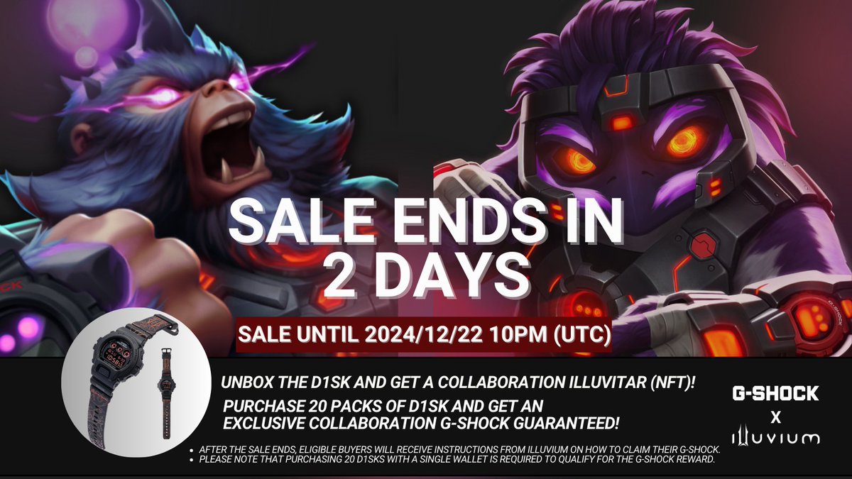 🚨 2 DAYS LEFT: <a href="/illuviumio/">Illuvium</a>  x <a href="/VIRTUALGSHOCK/">VIRTUAL G-SHOCK</a> Wave 3 🚨 

What’s in the G-SHOCK D1SK Pack?
 • 1 G-SHOCK-themed Illuvitar
 • 1 Rare Wave 3 Illuvitar (≥1450 score) 
• 3 Accessories  

💰 Price: $35 USD (or ETH), with gas-free transactions on Immutable X Layer 2 
🚀 Start