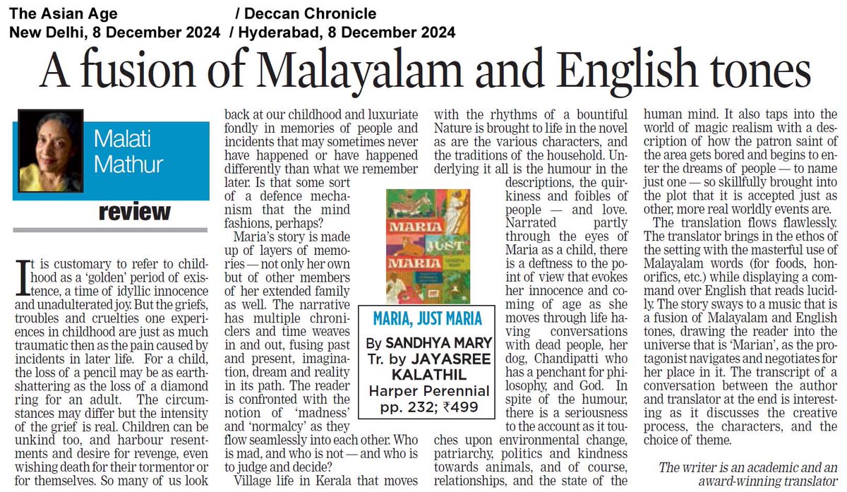 HarperCollinsIN's tweet photo. ‘Maria's story is made up of layers of memories — not only her own but of other members of her extended family as well.’

@TheAsianAgeNews features #MalatiMathur’s review of #SandhyaMary’s #MariaJustMaria, translated by Jayasree Kalathil (@vivarthaka). 

#READWithHarperCollins https://t.co/rPR9F2nklY