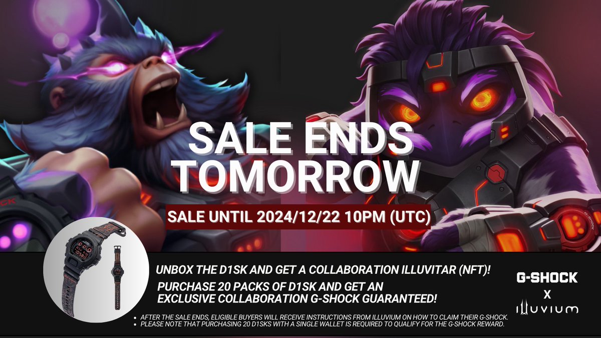 🚨 1 DAY LEFT: <a href="/illuviumio/">Illuvium</a>  x <a href="/VIRTUALGSHOCK/">VIRTUAL G-SHOCK</a>  Wave 3 🚨 

What’s in the G-SHOCK D1SK Pack?
• 1 G-SHOCK-themed Illuvitar 
• 1 Rare Wave 3 Illuvitar (≥1450 score) 
• 3 Accessories  

💰 Price: $35 USD (or ETH), with gas-free transactions on Immutable X Layer 2 
🚀 Start