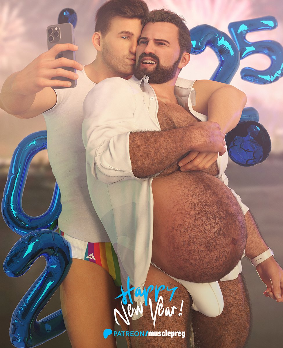 Happy New Year Y'all! It's 2025! Seems Ethan and Dylan will probably have something else to celebrate very soon! #mpreg #musclepreg #barampreg #malepregnancy #bara #pregnantman
