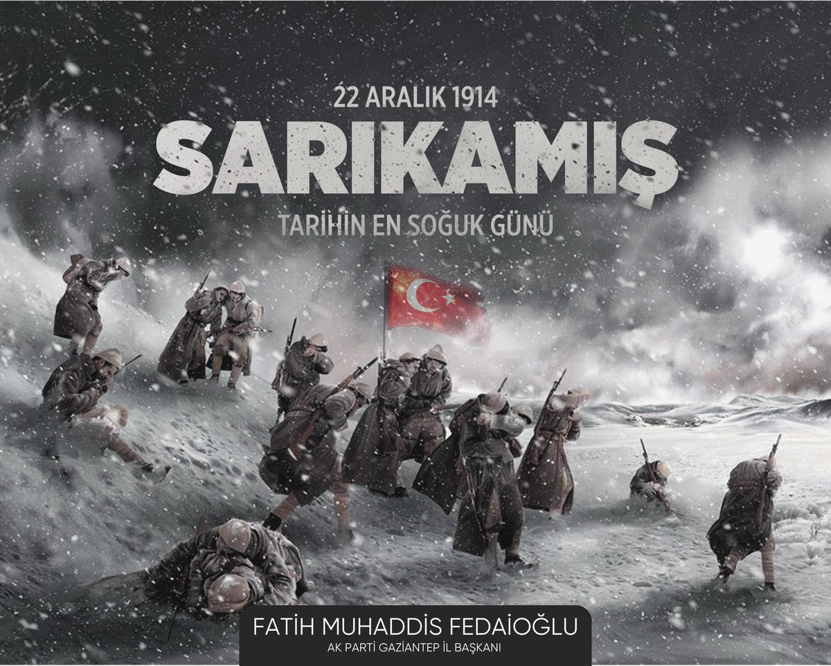 "Şu dağlar var ya, dağlar; Sarıkamış Dağları!
Bu dağın şehitleri kıskandırır sağları."

Rabbim Milletimize bir daha böylesine bir acı yaşatmasın... 

Vatan savunması uğruna kara kışı göğüsleyip şehadete yürüyen Sarıkamış Harekatı şehitlerimize saygı ve rahmetle…🇹🇷

<a href="/RTErdogan/">Recep Tayyip Erdoğan</a>