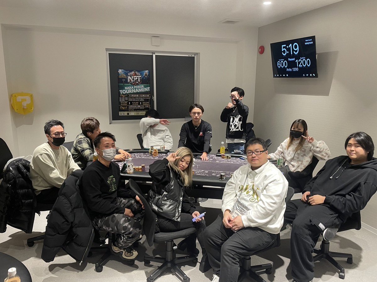 🦌第2回NPTメインイベント🦌

🃏ファイナルテーブル🃏

1.シシザさん　53,100
2.ままぽんさん　109,000
3.ヒロムさん　142,100
4.ふくちぁん　84,800
5.ヒカルさん　33,600
6.ユウバリさん　184,400
7.ユズコショウさん　63,400
8.ふくさん　37,700
9.ラフテイルさん　92,400

#奈良
#ポーカー