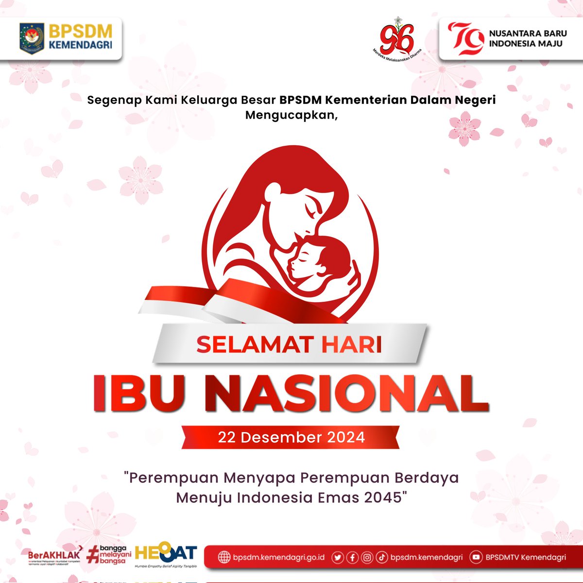 BPSDMkemendagri's tweet photo. Selamat Hari Ibu Nasional bagi seluruh Ibu Tangguh Indonesia.
Mari Wujudkan Perempuan Berdaya Indonesia dengan paradigma kesetaraan hak dan kewajiban yang sama bagi perempuan.
"Perempuan Menyapa Perempuan Berdaya Menuju Indonesia Emas 2045"
#BPSDMHEBAT #HariIbu https://t.co/kvx8jcjeQd