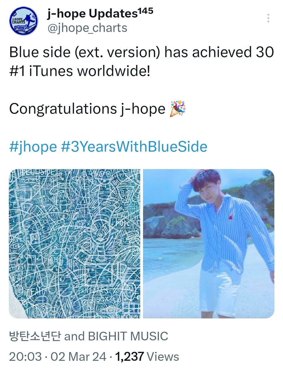 jhopehungary's tweet photo. @nicolegotnojams In March there was a global iTunes project for the 3rd anniversary of Blue Side full version. If you search for #3YearsWithBlueSide you will see the countries where we achieved #1. Let's buy Blue Side (Outro) from HOPE WORLD this time. https://t.co/IrADrLSjno