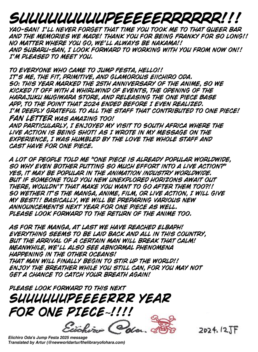 Eiichiro Oda's full message at Jump Festa 2025! #OnePiece