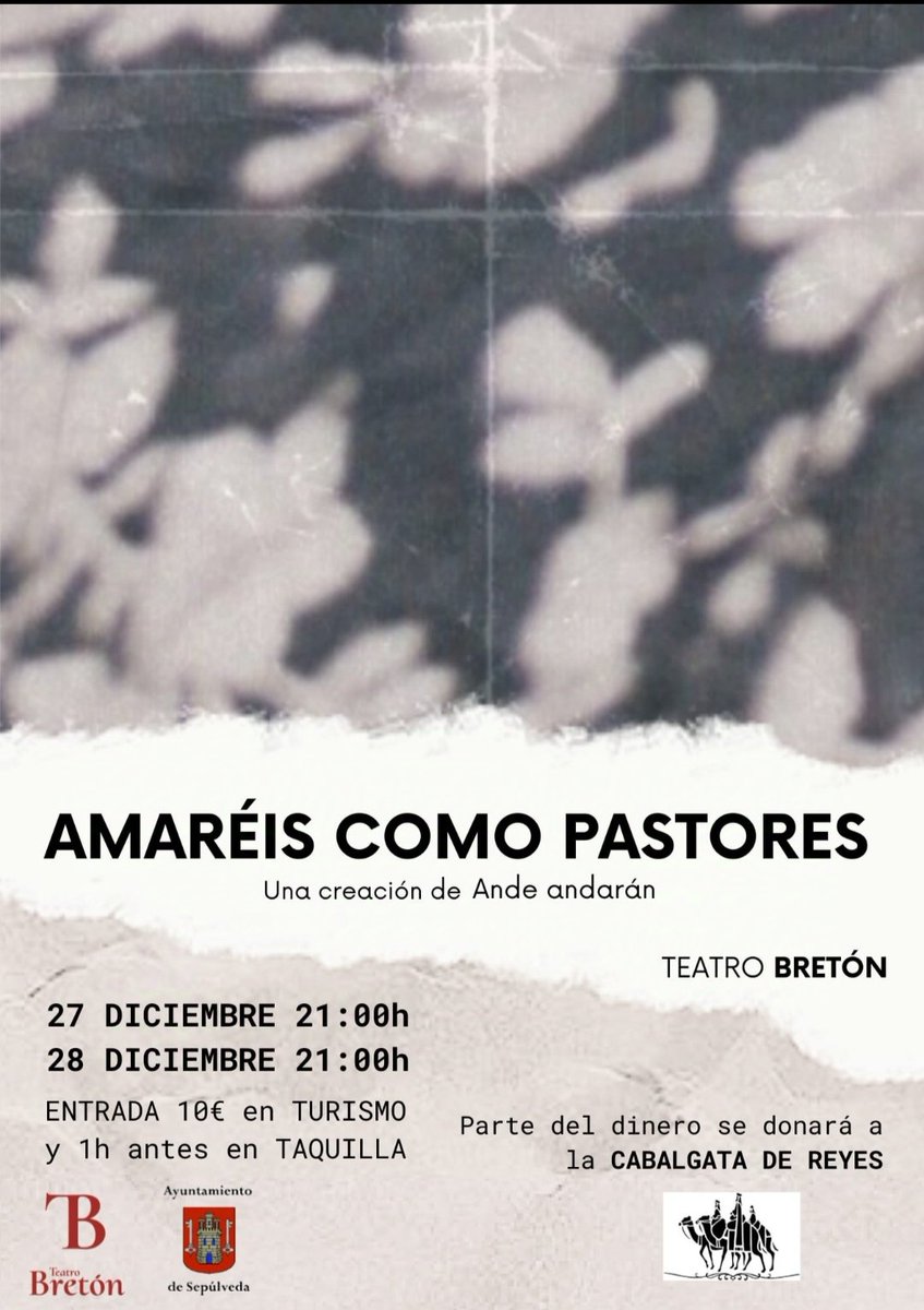 Próxima actuación teatral a cargo de la compañía de Teatro Ande Andarán con "Amaréis como Pastores" los días 27 y 28 a las 21:00.

Venta de entradas en la oficina de Turismo y una hora antes en taquilla.

<a href="/PregoneroSepul/">El Pregonero de Sepúlveda</a> <a href="/CODINSE/">CODINSE</a>