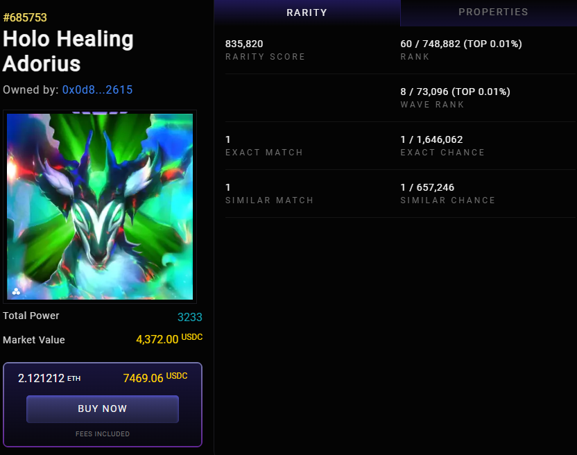 💥 How much can you sell the Holo Healing Adorius 
 –  How rare is it?💥 

✅ Worth 7,469.06 USDC – Ready to sell NOW! 
✅ 1 in 1,646,062 chance to land this exact Illuvitar with an insane rarity score of 835,820 🤯 
✅ Ranked #60 out of 748,882 Illuvitars!    

How did I know
