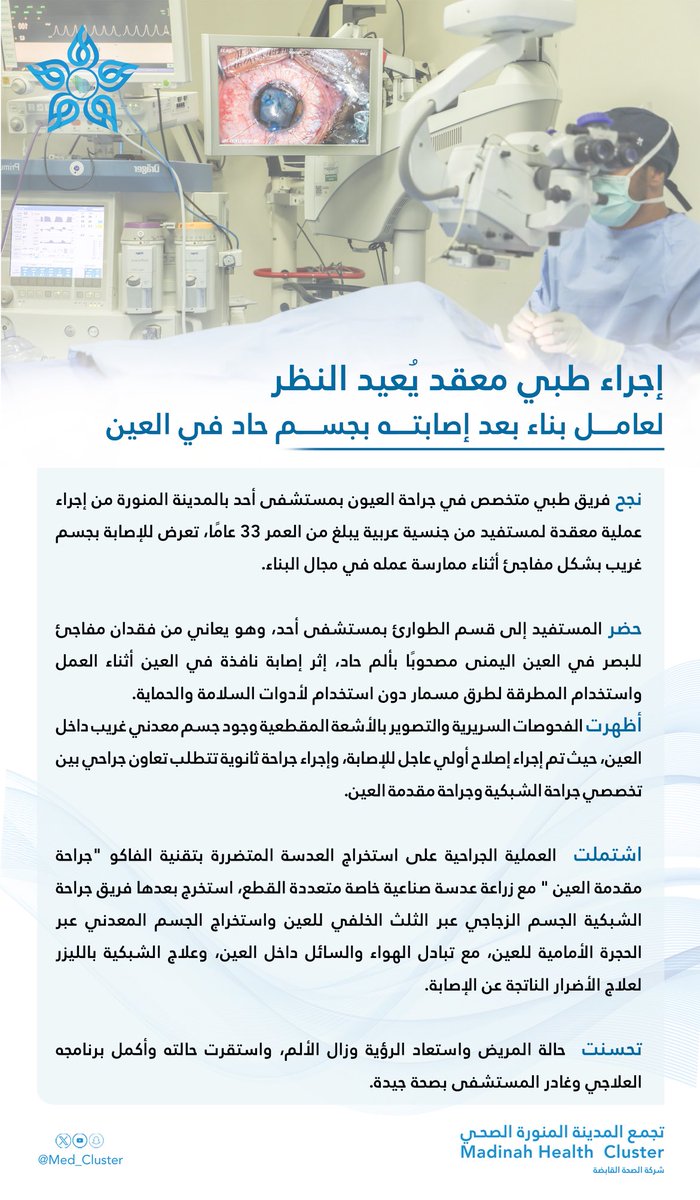 med_cluster's tweet image. #خبر || 🗞️

إجراء طبي معقد يُعيد النظر لعامل بناء بعد إصابته بجسم حاد في العين في مستشفى أحد بـ #المدينة_المنورة 

#تجمع_المدينة_الصحي