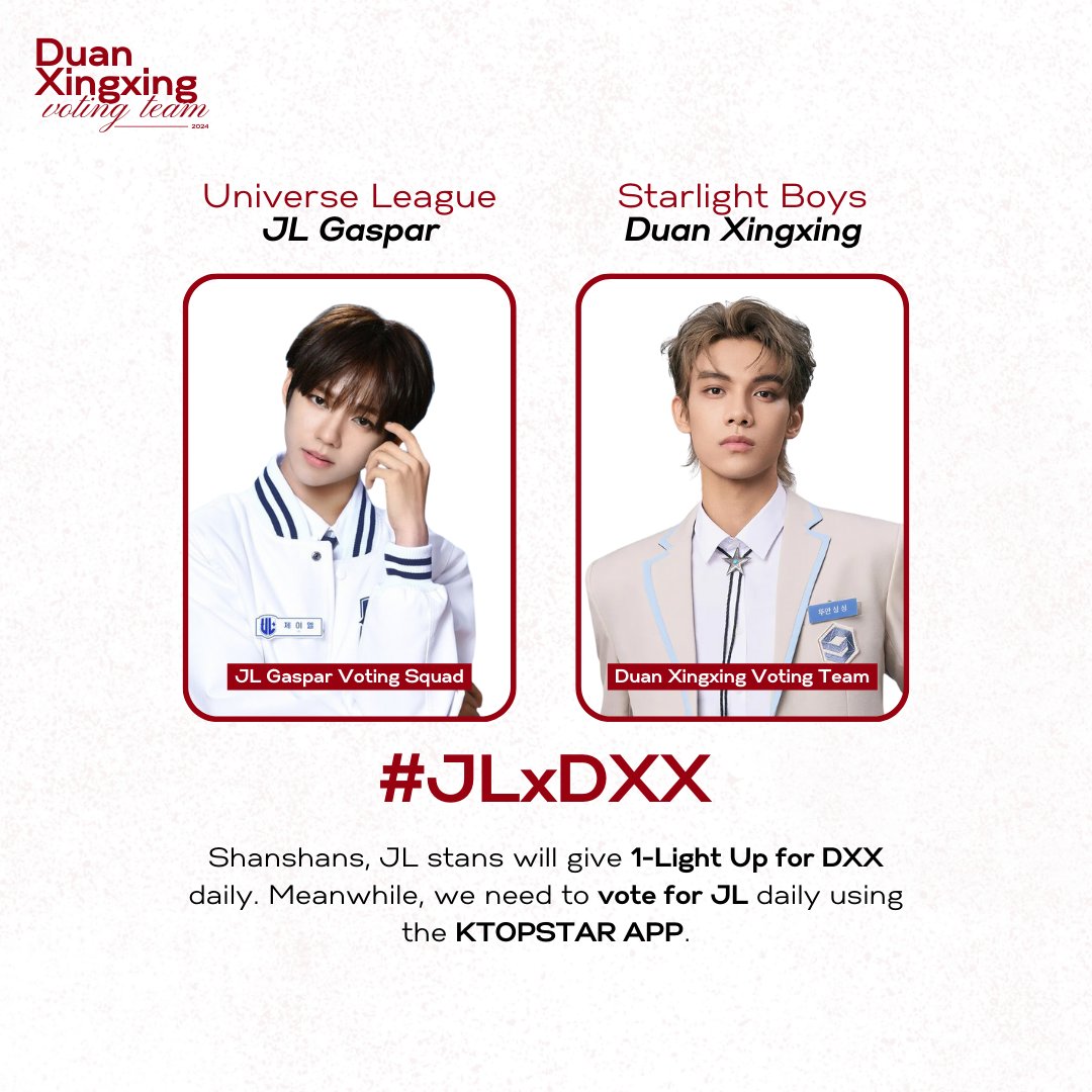 DUANXINGXING_VT's tweet photo. 📢 [COLLAB]

We are collaborating with @JLGasparVS_ofc  to vote for Universe League JL! 

📍KTOPSTAR APP
📅 Voting Period: Now - 12.28 (8PM KST)
📣 Please post daily voting proofs with #JLxDXX

Voting guidelines on replies 🌟

#DUANXINGXING #두안싱싱 #段星星 
#STARLIGHTBOYS https://t.co/b5kAwcxio6