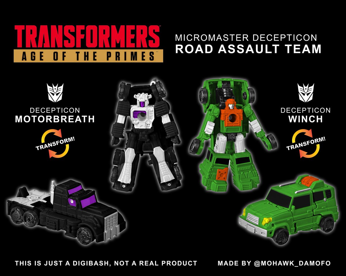 Mohawk_DaMofo's tweet photo. Road Assault Team Motorbreath & Winch!!!
Color inspired by Generations GDO Legends Class Motorbreath (Motormaster) and Hoist
Fun Fact:
"Winch" was the preliminary name of Hoist
#Transformers #ใใฉใณในใใฉใผใใผ #Decepticon #Micromaster #Digibash #Maccadam https://t.co/6UWJ4lO1Dw